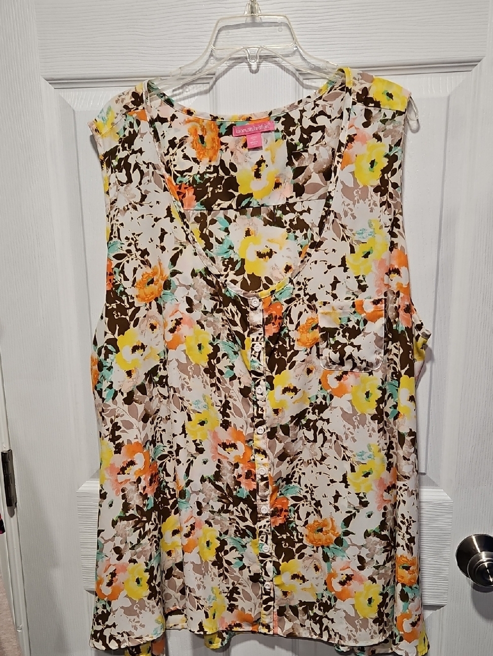 Woman Within Floral Button-Front Sleeveless Blouse in Yellow, Orange, Brown